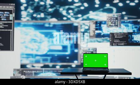Laptop running isolated mockup screen next to AI neural networks system, used for practicing deep learning and cloud computing. Tech implementing artificial intelligence brain. Camera B. Stock Photo