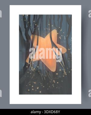 Star Glows Softly. Radiant Star Gracefully Drifts Amid Hazy Trees Illuminated By Gentle Golden Glow Stock Vector