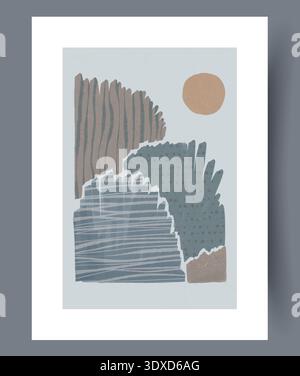 Serene Seaside Art. Simplified Coastal Scene With Layered Forms And Twilight Ambiance In Calming Tones Stock Vector
