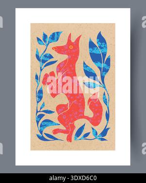 Artistic Portrayal Of Red Fox With Leafy Accents On Textured Background Suitable For Greeting Cards Stock Vector