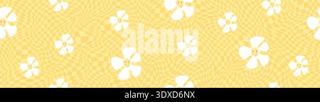 Pattern Checkerboard Checker with Retro Y2k Background and Chess Aesthetic Daisy. Seamless Groovy Texture with Chessboard Gingham Stock Vector