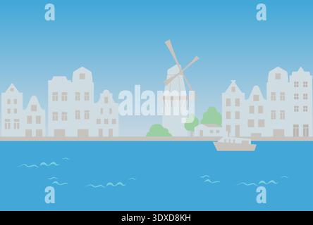 City minimalist landscape background. River in big European city with architecture at the skyline. Stock Vector