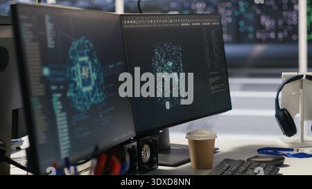 Data center PCs showing neural network visualization and code debugging tools running. Computer systems in server farm powering machine learning and automated research tasks Stock Photo