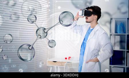 Scientist using VR headset, double exposure with virtual elements. Future technology in biochemistry Stock Photo