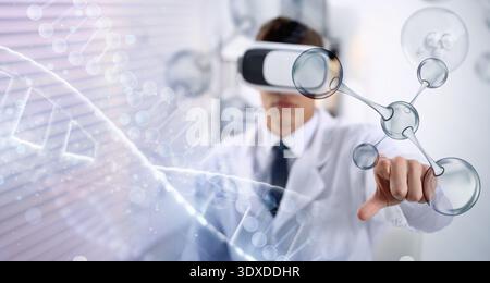Scientist using VR headset, double exposure with virtual elements. Future technology in biochemistry Stock Photo
