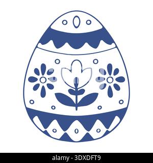Geometric floral Easter egg with ornamental band pattern. Blue ink style vector illustration on white background Stock Vector