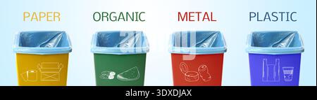 Garbage cans in different colors for waste separation on light blue gradient background. Each for different types of trash Stock Photo