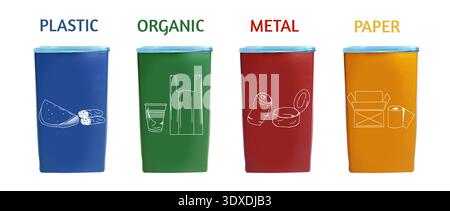 Garbage cans in different colors for waste separation isolated on white. Each for different types of trash (paper, plastic, organic and metal) Stock Photo