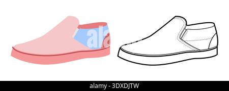 Skate slip on sneaker shoe flat plus line set. Minimal slip design for lifestyle icons, apparel, man woman unisex. Technical fashion illustration, CAD mockup, mixed vector isolated stylish style. Stock Vector