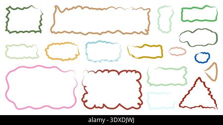 Set of wavy organic frame outlines. Hand drawn rectangle borders and curly contours for highlight boxes, quote labels and decorative notes. Irregular line silhouettes vector illustration. Stock Vector