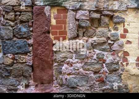 Full frame texture of an ancient patchwork wall, a mix of rustic stones red bricks and weathered mortar with a wooden beam at the top in a medieval Stock Photo