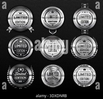 Limited edition silver badges and labels, award seals, medal or marks with ribbons, laurel wreaths. Premium vector badges for special offers, VIP certificates, luxury branding, or limited releases Stock Vector