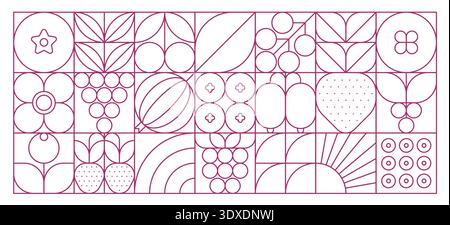 Berry fruits geometric abstract Bauhaus pattern. Wild and garden berries vector backdrop, forest fruit abstract shapes background or Bauhaus print with grape, strawberry, raspberry and gooseberry Stock Vector