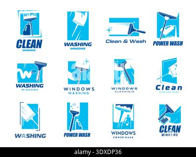 Window cleaning and washing service icons. Vector clean windows of house and office buildings, glass cleaner bottles, squeegees and sponges blue symbols. House cleaning and window washing icons set Stock Vector