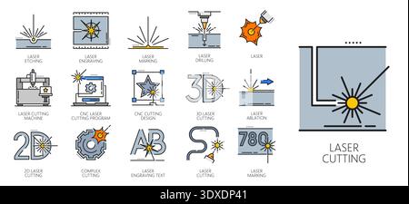 Laser cutting line icons of vector cut machines with beams. Metal and steel cutters outline symbols of metalwork industry equipment. Laser etching, engraving, marking, drilling and cnc cutting program Stock Vector