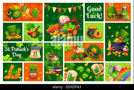 Happy St Patrick Day collage of greetings with irish holiday clovers, leprechaun gold pots and hats. Vector St Patrick Day calendar, Ireland pub green beer, lucky golden coins, rainbow and horseshoe Stock Vector