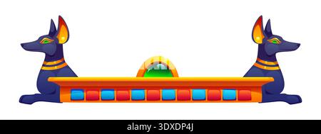 Ancient ornament, Egyptian divider border with two black Anubis figures sitting back to back, golden horizontal base with red, blue and turquoise tiles, and green gemstone. Ancient culture decoration Stock Vector