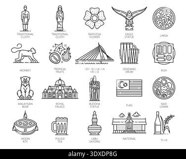 Malaysia line icons with vector travel landmarks, buildings and statues. Malaysian national flag, culture, religion and food outline symbols. Malaysia traditional clothes, flower and drink icons set Stock Vector