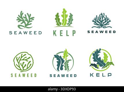 Seaweed icons of vector marine water plants. Sea, ocean and aquarium underwater nature, environment and seafood symbols. Green and blue silhouettes of spirulina, kelp, laminaria and caulerpa seaweeds Stock Vector