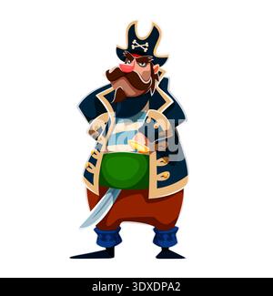 Cartoon Caribbean pirate captain character holds a curved sword and stands confidently with hands on hips. Corsair dressed in striped shirt, long dark coat, black tricorn and wide green belt Stock Vector