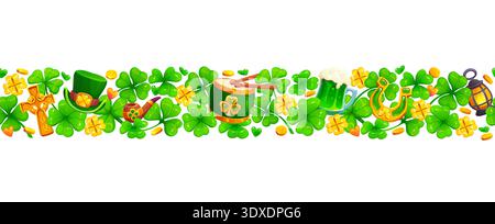 Shamrock clover leaves seamless border with Irish St Patrick's day holiday symbols. Festive cartoon vector green hat, beer mug, drum, lucky horseshoe, pipe, cross, lantern, gold coins horizontal frame Stock Vector