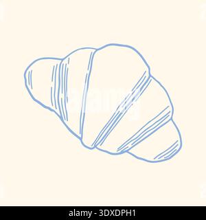 Minimalist hand drawn croissant with decorative surface lines in blue outline style. French bakery pastry vector clipart ideal for cafe menu Stock Vector