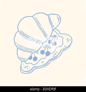 Hand drawn croissant with jam and cherries in minimal blue line style. Cute bakery pastry illustration isolated on light background, perfect for cafe Stock Vector