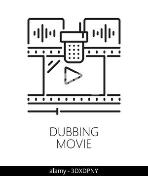 Movie dobbing sound record line icon or label. Audio recording studio outline icon, voice dubbing production vector pictogram. Sound and music mixing symbol with microphone and movie video tape Stock Vector