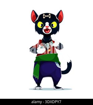 Cartoon black cat pirate vector character holds three playing cards in paws. Corsair wears a black headband with bones and red shirt, green sash, purple trousers. Pirate party personage Stock Vector