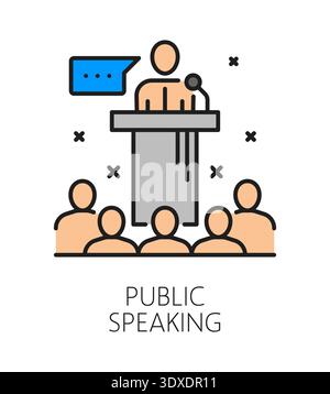 Public speaking life skill color line icon or sign. Person public speaking ability outline vector sign, personality life skill thin line symbol. Human quality icon with person speaking to audience Stock Vector