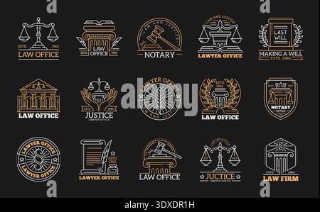 Law office icons, lawyer firm, justice and notary symbols set. Vector line court building, judge gavel and pillar, balance scale, law book and vintage quill pen signs in heraldic laurel wreath frames Stock Vector