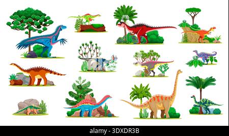 Cartoon prehistoric dinosaur animal characters, vector dinos set with nature landscape. Funny brachiosaurus, raptor, monolophosaurus and carnotaurus dinosaurs with forest trees and mountain rocks Stock Vector