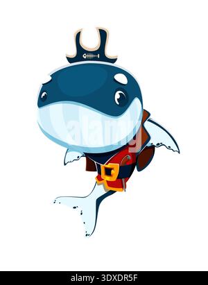 Cartoon smiling whale animal pirate crew character wears large black corsair tricorn hat, red pirate coat and golden belt with buckle. Vector underwater blue sperm aquatic rover and corsair personage Stock Vector