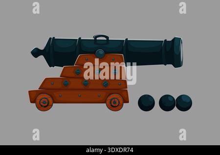 Cartoon pirate cannon on a wooden base with cannonballs. Vector artillery piece with vintage details and wooden wheels for children's games, pirate story illustrations, or pirate party decorations Stock Vector