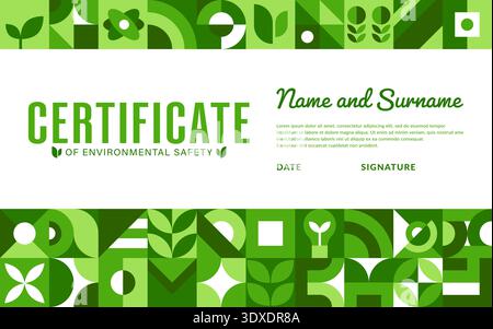 Eco friendly certificate template with green geometric abstract nature symbols, leaves and sustainability shapes border. Vector layout of environmental safety, eco and sustainability award certificate Stock Vector