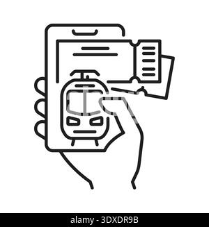 Train or tram ticket booking application line icon. Public transport mobile phone application thin line vector pictogram. Railway ticket buying app outline icon or symbol with smartphone in hand Stock Vector