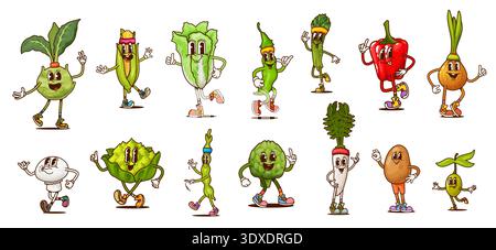Groovy vegetable characters on fitness sport, vector retro food. Cartoon vintage groovy broccoli, pepper and corn with cute smiles, hippie bean, funny olive and potato vegetables doing sport exercises Stock Vector