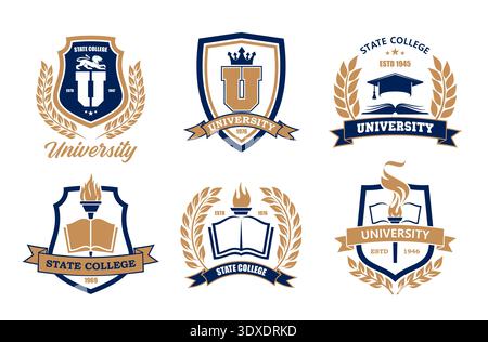 University academy and school college icons vector set. Educational academic emblems featuring classic shields, books, laurels, torches and graduation caps in blue and gold, for institutional branding Stock Vector