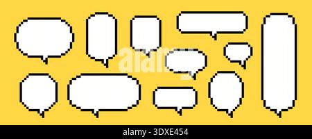 Blank pixel text box set. Empty pixelated chat frame collection. Retro 8 bit border shape pack for speach box bubble, message cloud, communication dialog, talk balloon. Vector illustration bundle Stock Vector