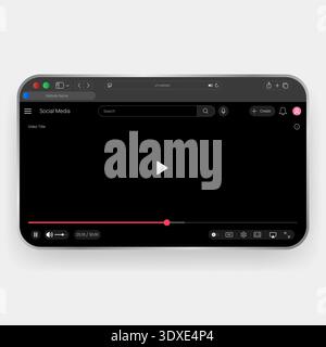 Dark mode desktop browser UI template for social media video streaming platform featuring video player, search bar, playback controls, and modern dash Stock Vector