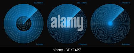Earthquake radar screen with focus on war ship, light satellite effect. Naval military sonar and gps signal compass, pulse sound hud. Circle neon Stock Vector