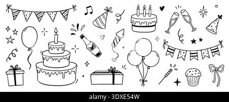 Birthday doodle icon element. Hand drawn sketch doodle birthday cake, party gift, event hat cute decoration element. Party, carnival celebration concept background. Vector illustration Stock Vector
