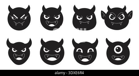 Cute Purple Devil Emoji Set and Black Silhouette Monster Faces with Expressions for Halloween Stock Vector