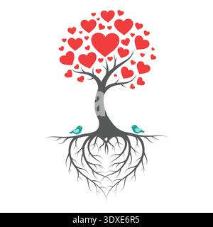 Unique Heart Shaped Root Tree with Blue Birds Sitting on Roots and Dense Heart Canopy Stock Vector