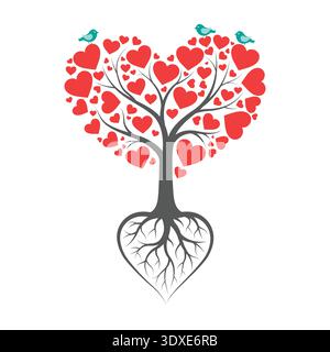 Large Heart Shaped Canopy Love Tree with Blue Birds on Outer Branches and Symmetrical Roots Stock Vector