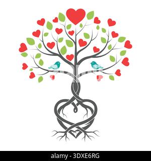 Lush Green Leafy Love Tree with Vibrant Red Hearts and Perching Birds on Twisted Trunk Stock Vector