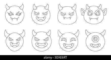 Cute Devil Monster Face Outline Icons, Spooky Emoji Line Art Set for Halloween Coloring Pages Stock Vector