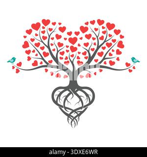 Romantic Heart Tree with Blue Birds Perching on Top Branches and Detailed Root System Stock Vector