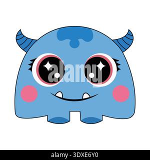 Cute Blue Horned Monster Character with Tiny Teeth and Large Sparkly Eyes Vector Illustration Stock Vector