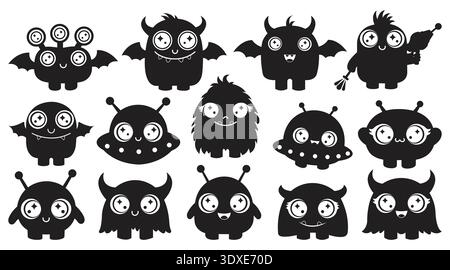 14 Cute Alien Monsters and UFO Spaceships Silhouette Bundle Vector Icons for Kids Activity Set Stock Vector
